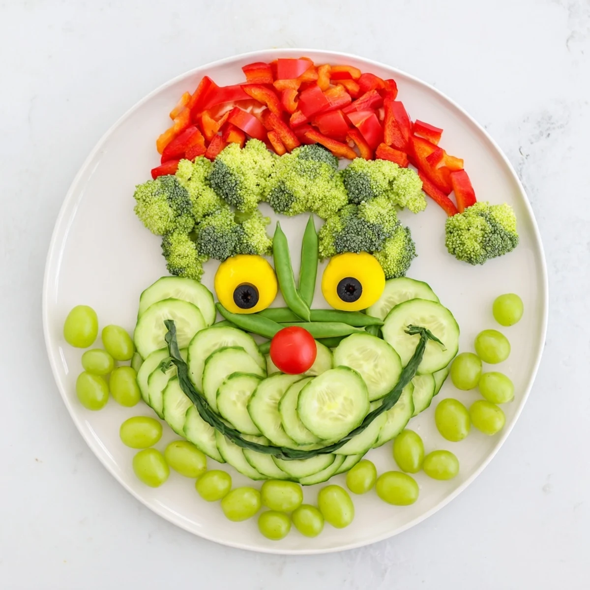 Vibrant Savory Crudités Grinch Face recipe: A creative, healthy snack platter perfect for kids and parties.