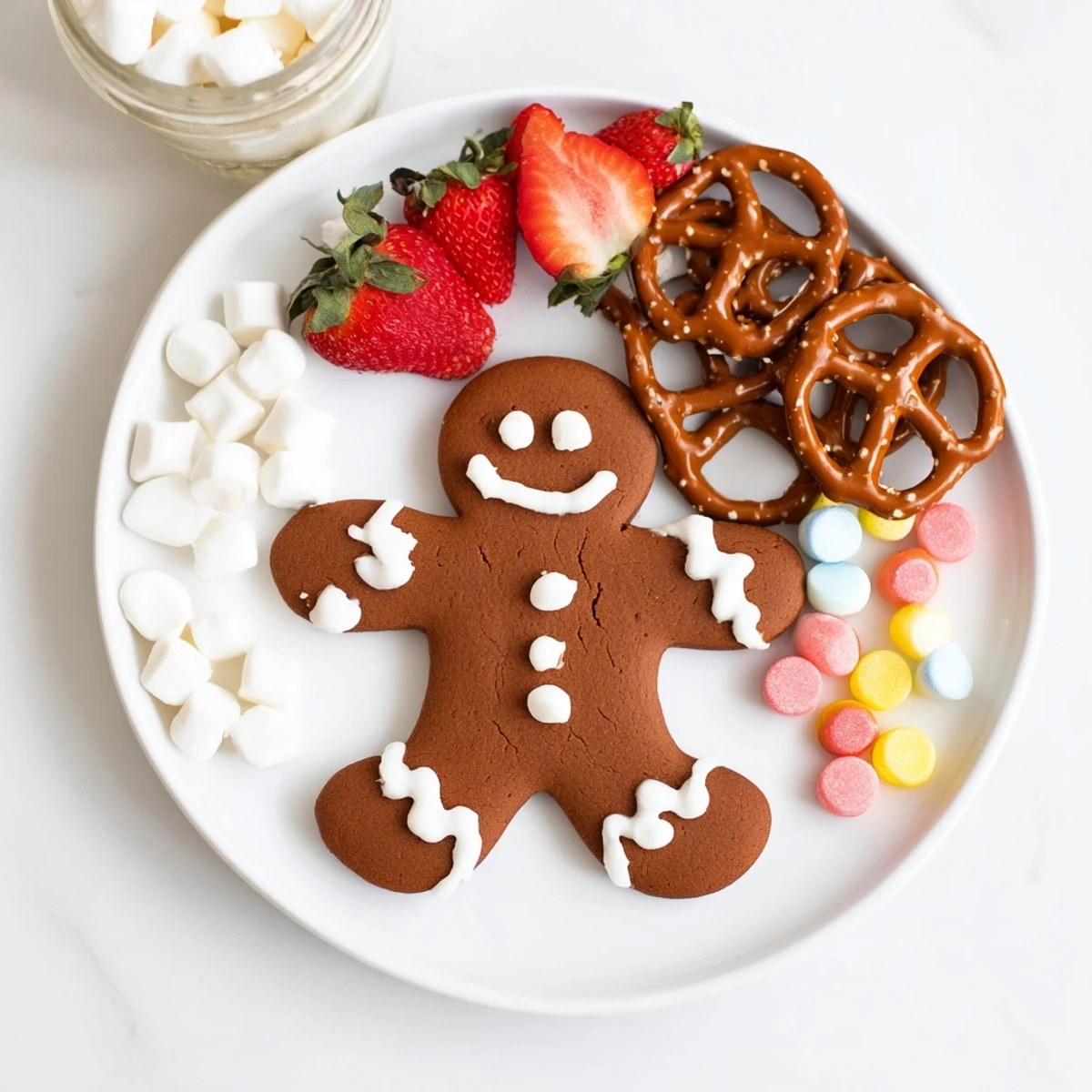 Vibrant gingerbread man cookie board with decorated cookies, fruit, candies, and dips for sharing.