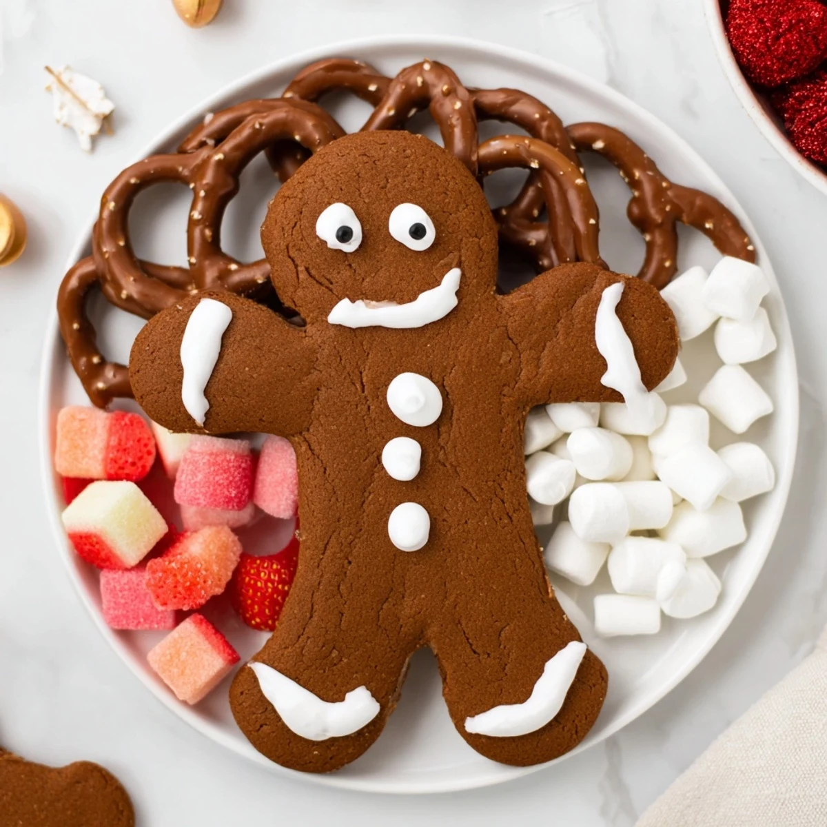 A festive arrangement of gingerbread man cookies and sweet treats, perfect for holiday entertaining.