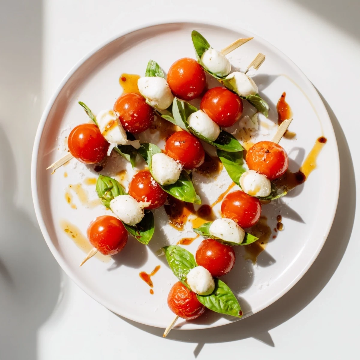 Fresh Caprese skewers on a platter, showcasing star-shaped mozzarella, cherry tomatoes, and basil leaves ready to enjoy.