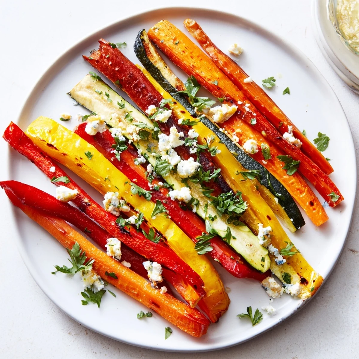 Festively arranged Christmas Sleigh Veggie Rails featuring roasted carrots and bell peppers; a delicious appetizer!