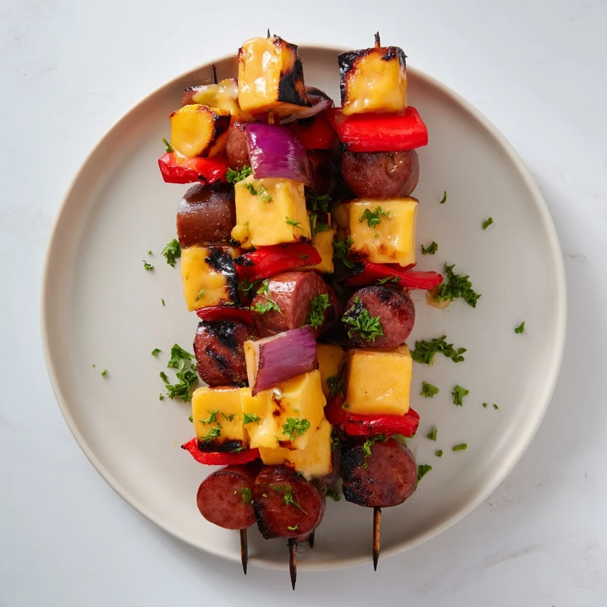 These easy Savory Skewers: Chimney Stack Sausage and Cheese feature grilled sausage, colorful peppers, and smoky flavors.