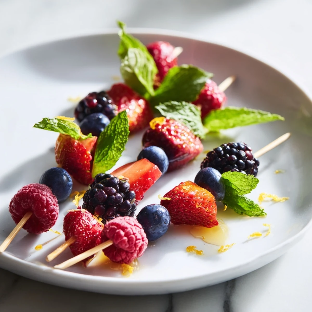 These fresh berry and mint fruit skewers are a colorful, healthy snack served on wooden sticks, ready to enjoy.