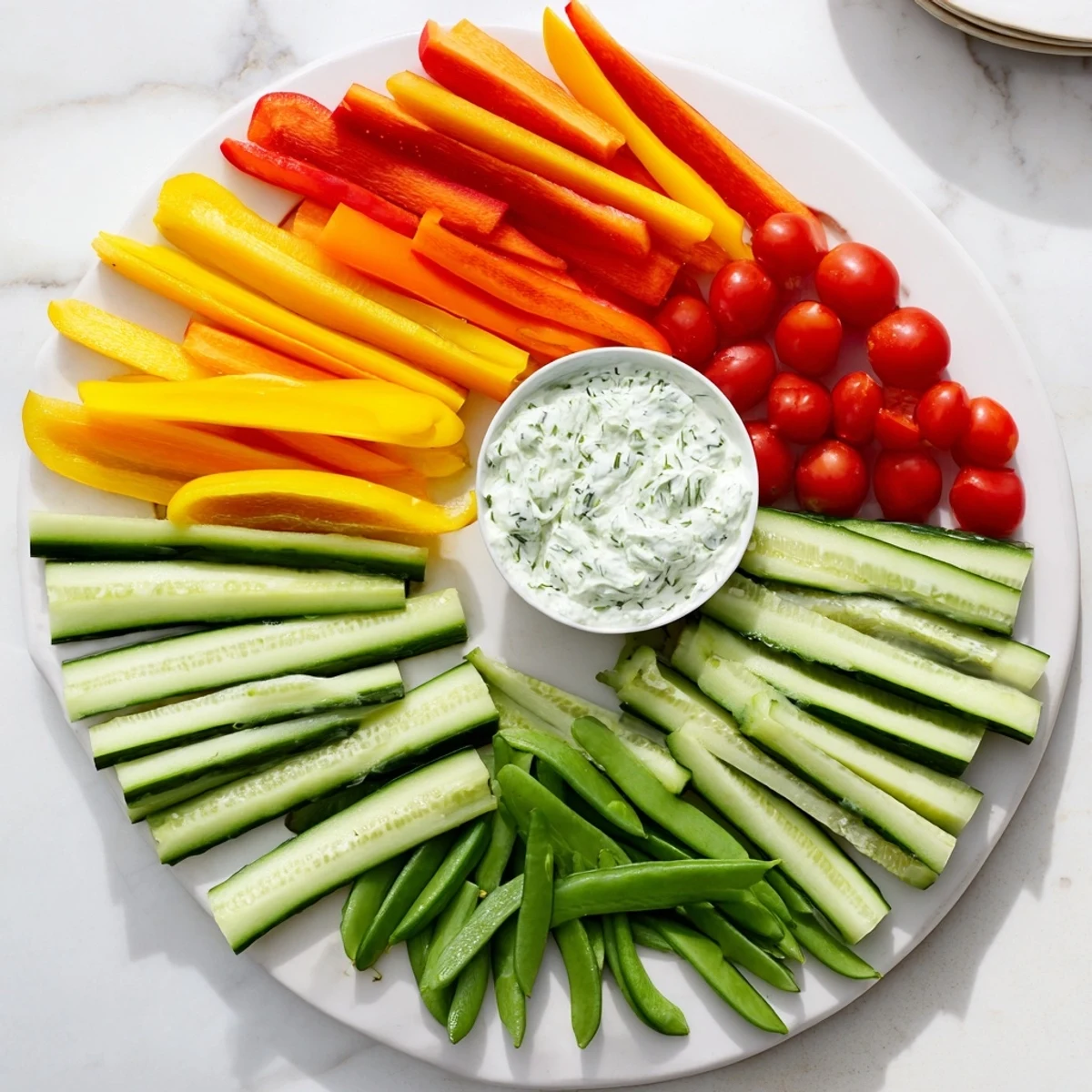 Beautiful fan of sliced carrots and cucumbers create a delicious Veggie Platter with vibrant colors.