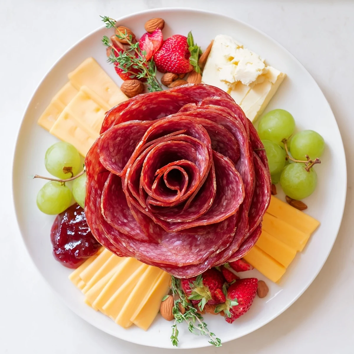 Flavorful Easy Charcuterie board includes a salami rose, cheeses, and grapes for a tasty snack.