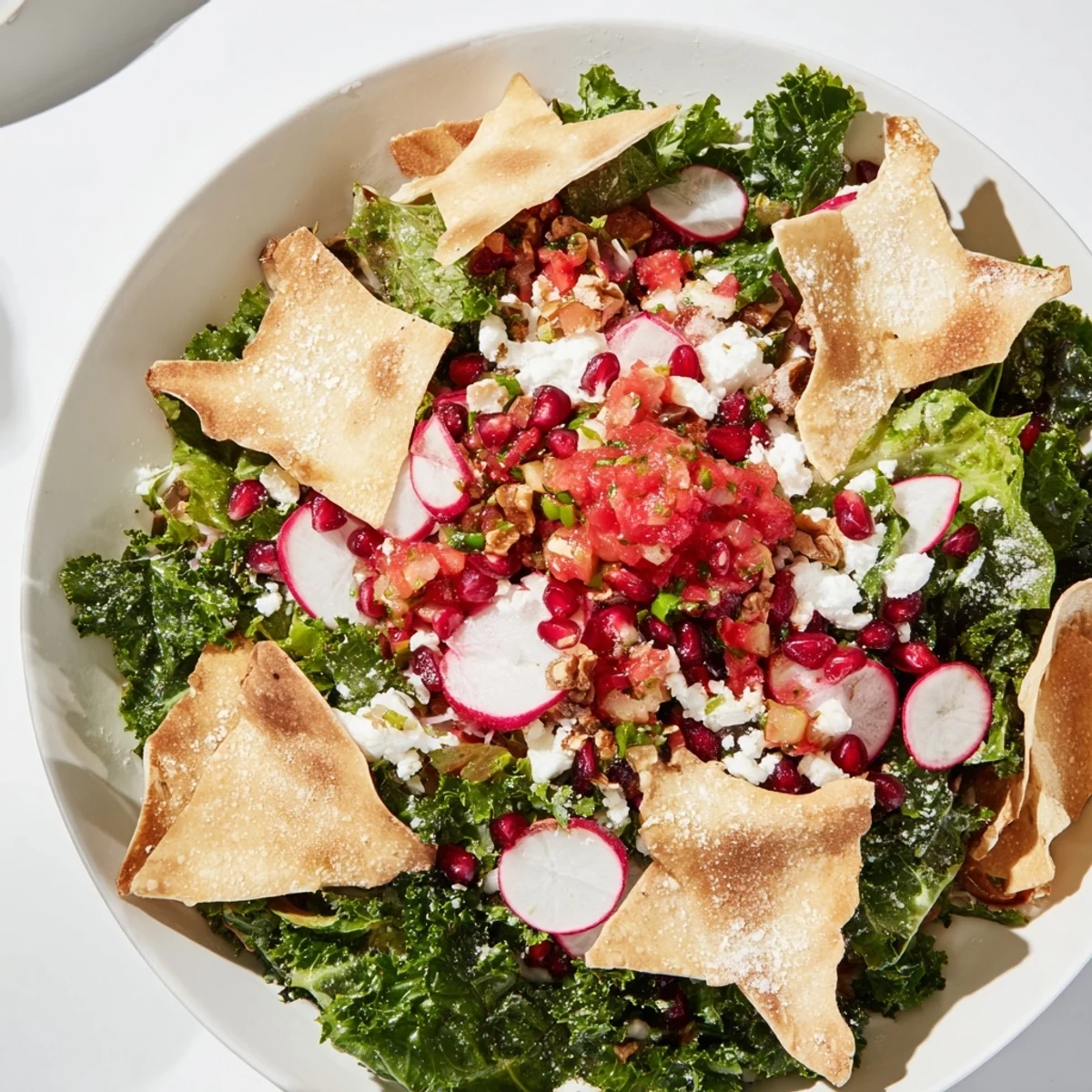 Festive Winter Salad with crunchy, snowflake tortilla chips and vibrant, fresh salsa.