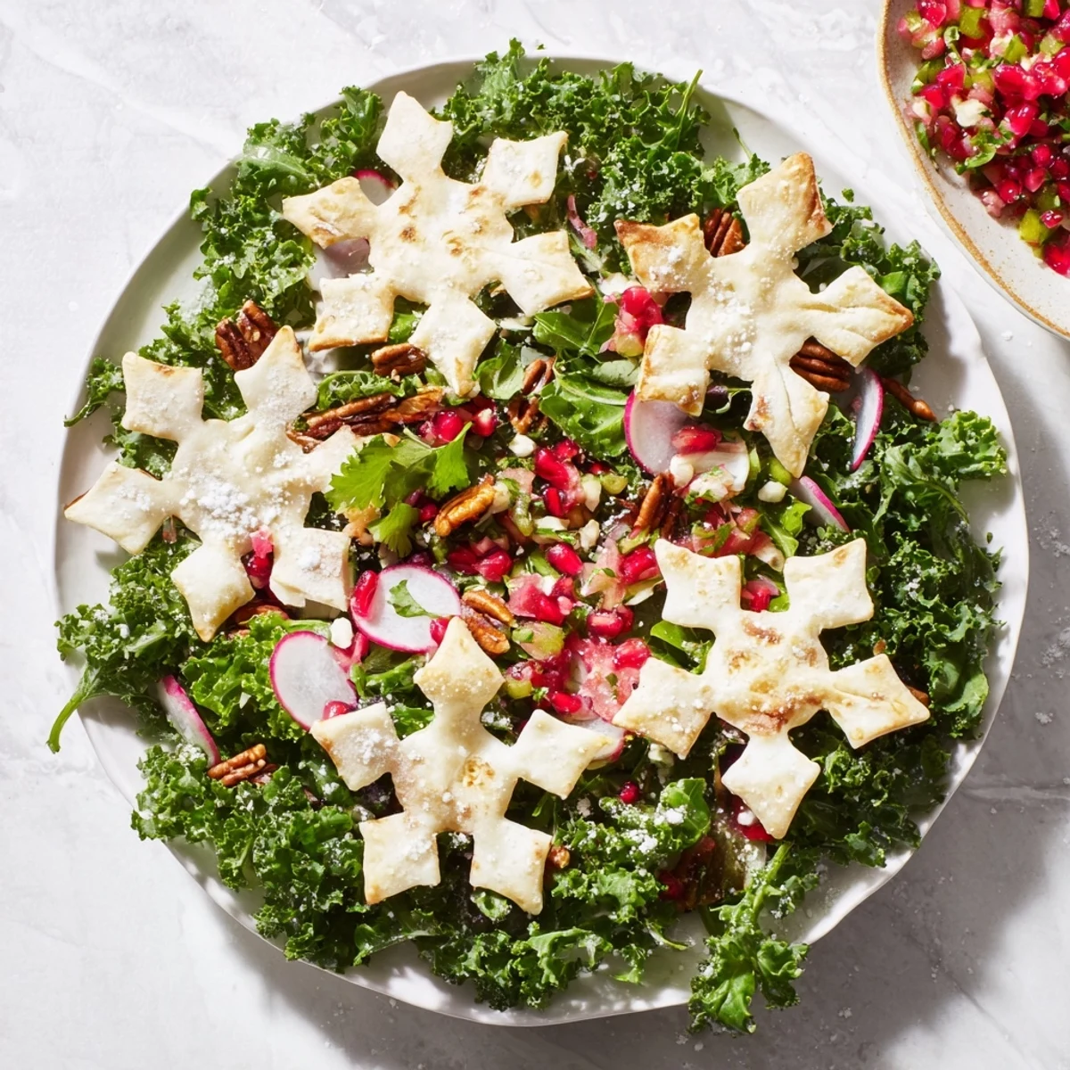 Pile your plate high with this Winter Salad: festive chips, crunchy greens, ripe tomatoes, and citrus dressing.