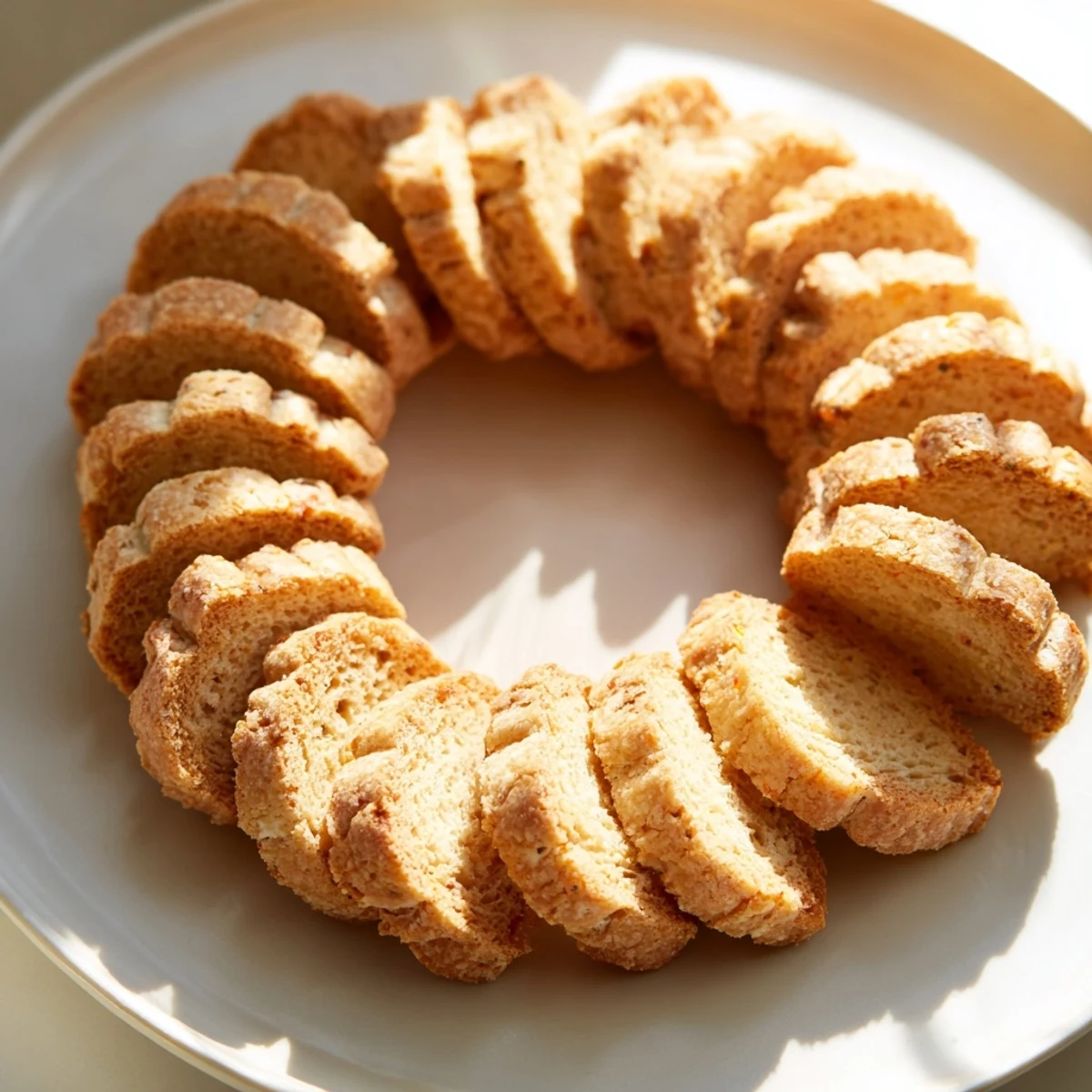 Toasted baguette slices arranged in a circle, a simple appetizer ready for dipping.
