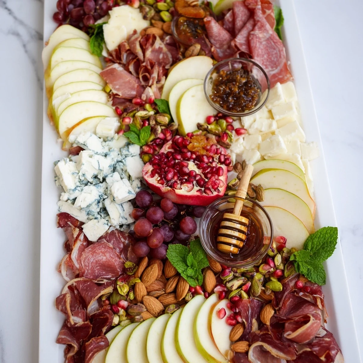 Vibrant Pomegranate Jewel Cascade cheese board with glistening pomegranate seeds, ready to serve.