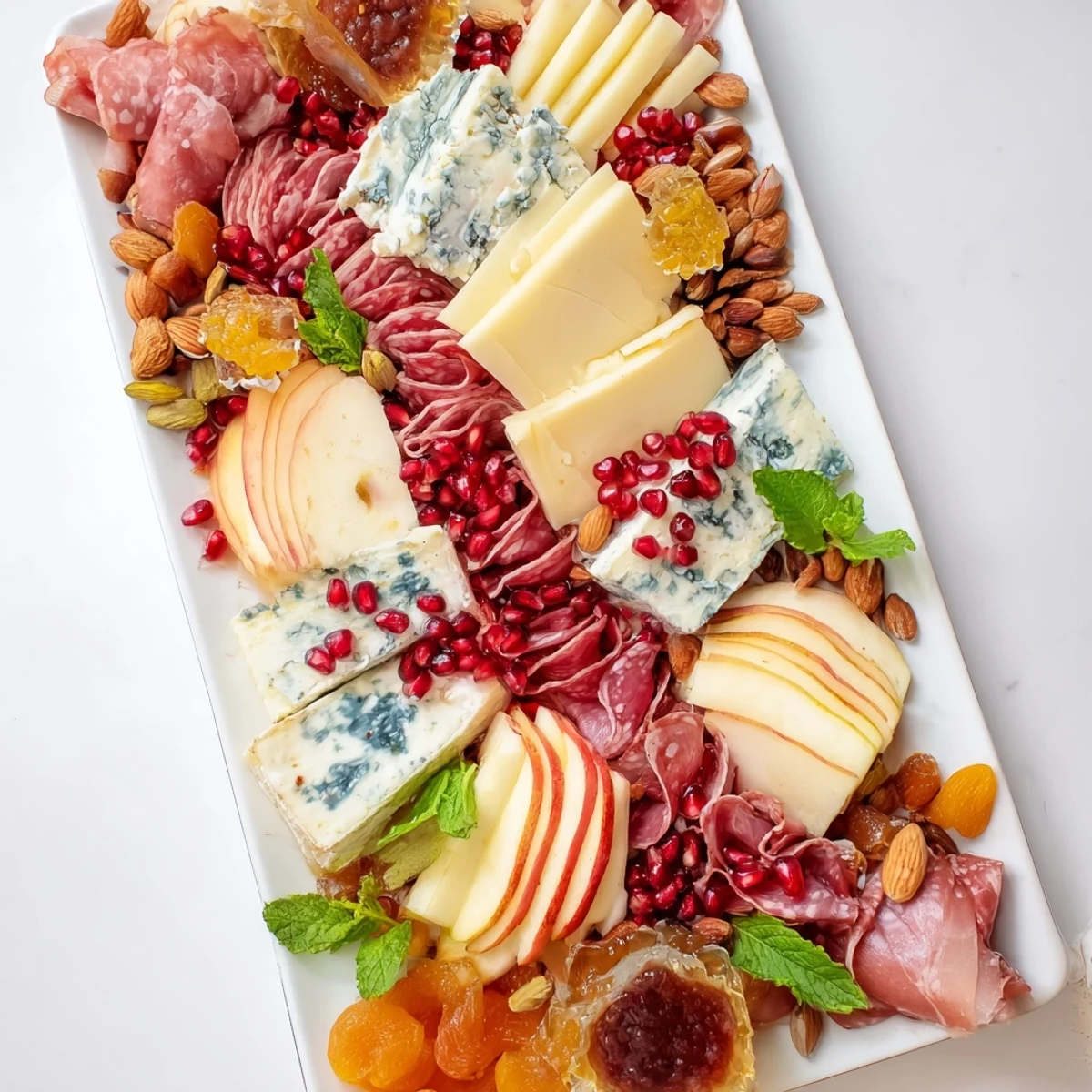 The inviting spread of a Mediterranean-inspired Pomegranate Jewel Cascade appetizer, perfect for sharing.
