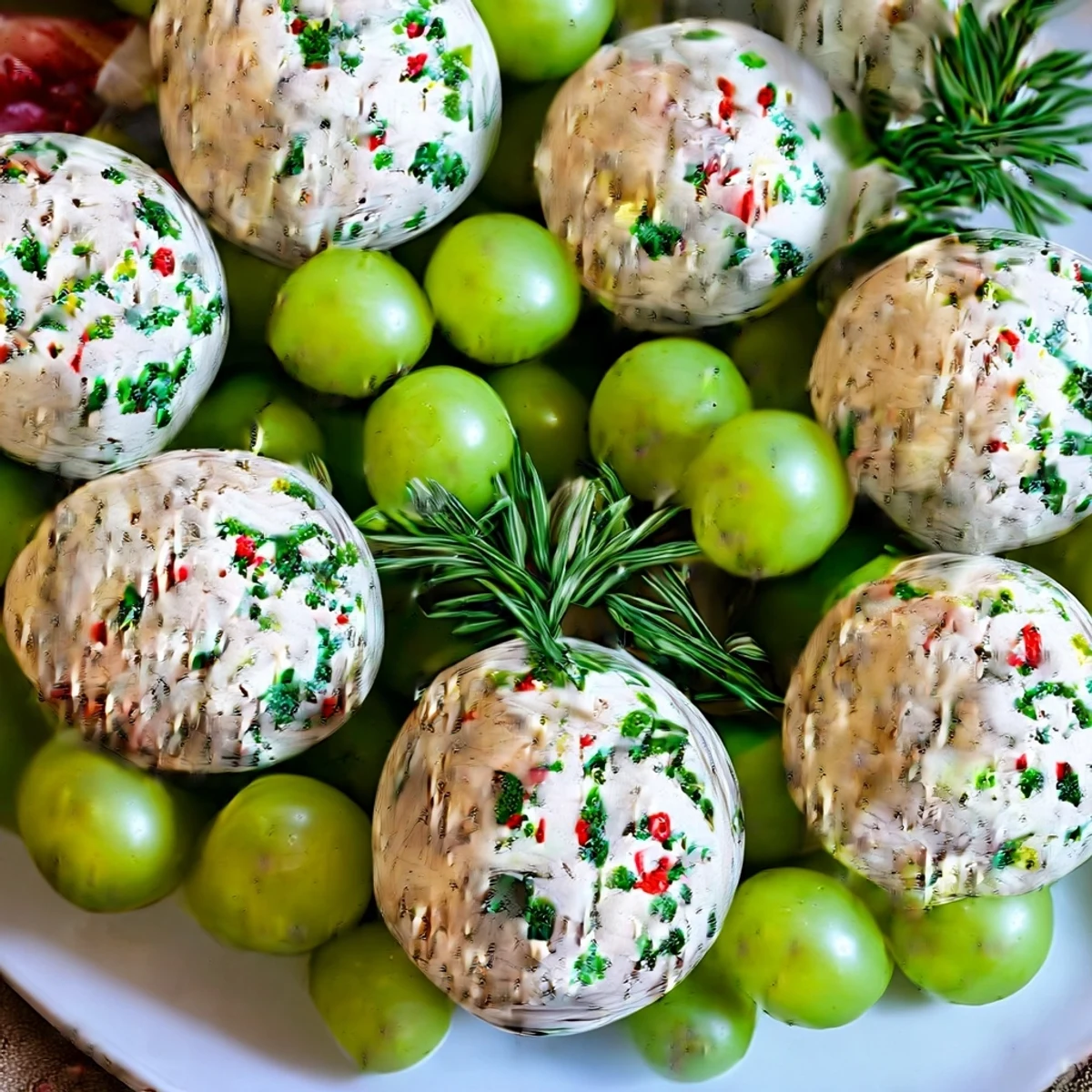 Freshly assembled Mistletoe Kissing Ball: a round board overflowing with grapes, herbs, and cheese bites.