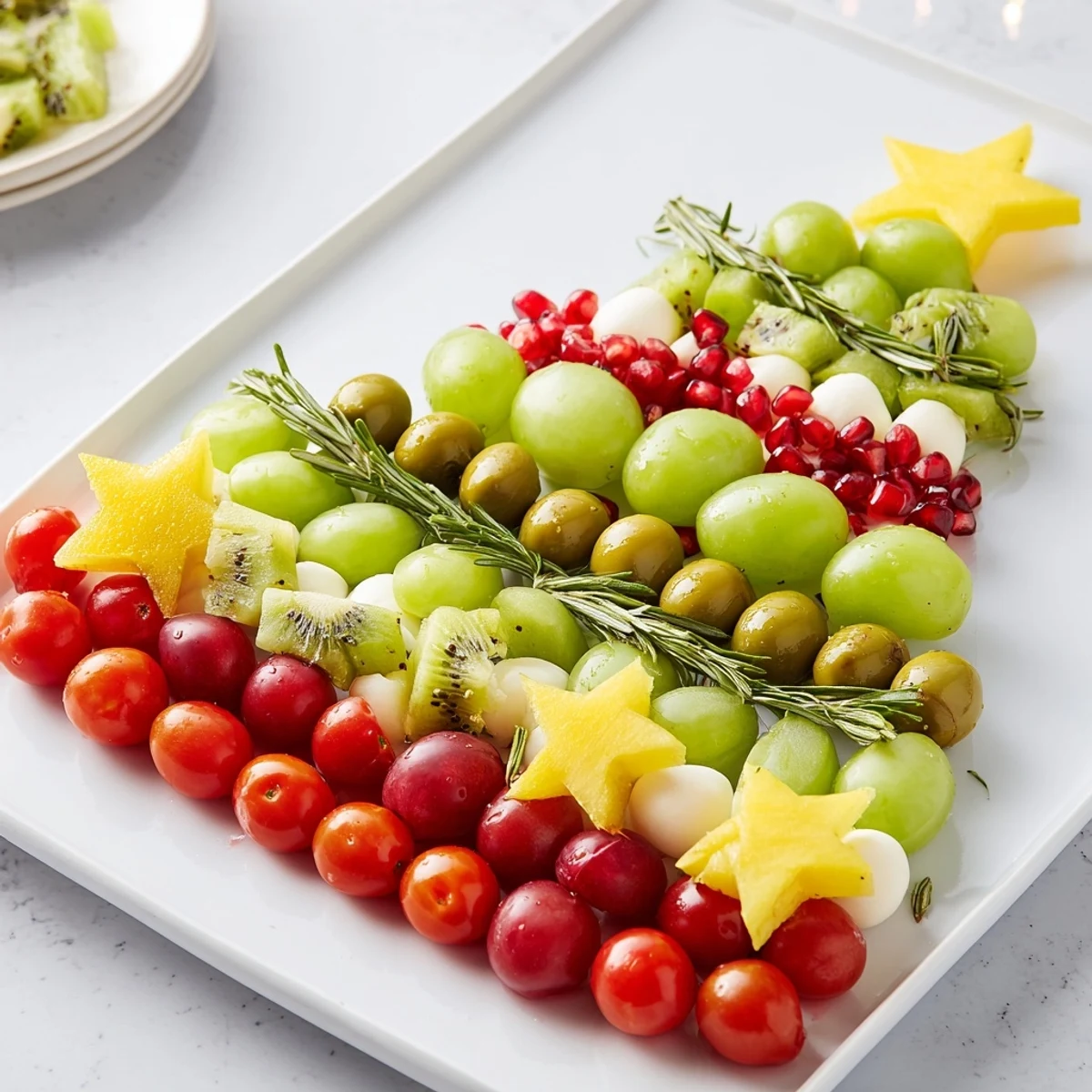 Christmas Tree Triangle Board: A festive appetizer with green grapes, olives, kiwi and sparkling pomegranate.