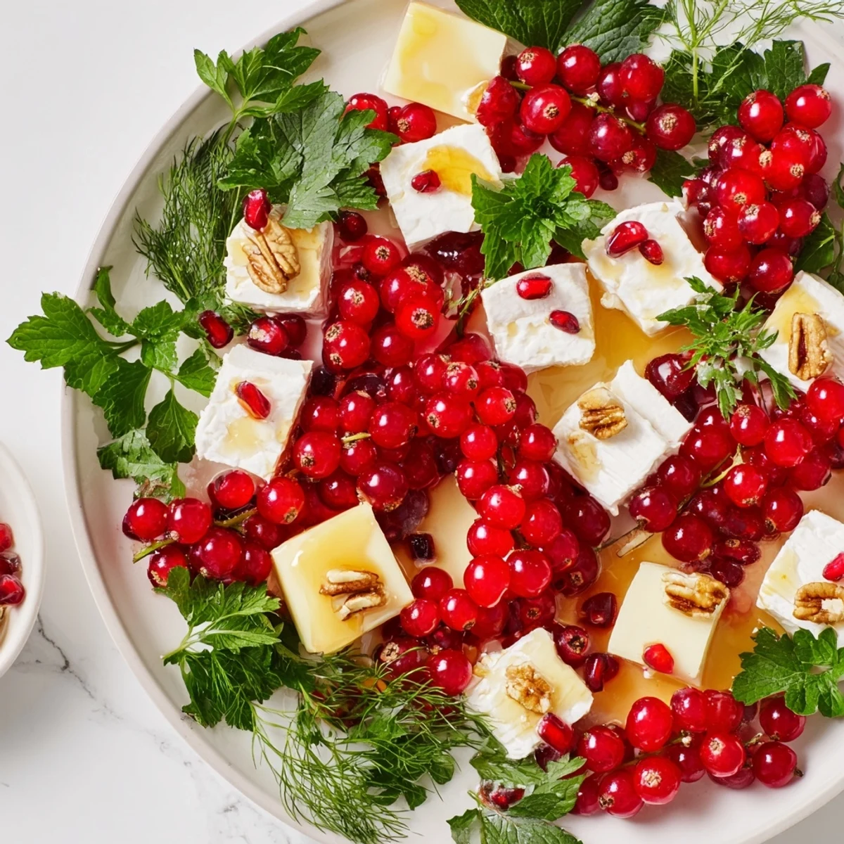 Holly Berry Cluster appetizer platter with vibrant red berries, goat cheese, and fresh herbs; perfect for holiday entertaining.
