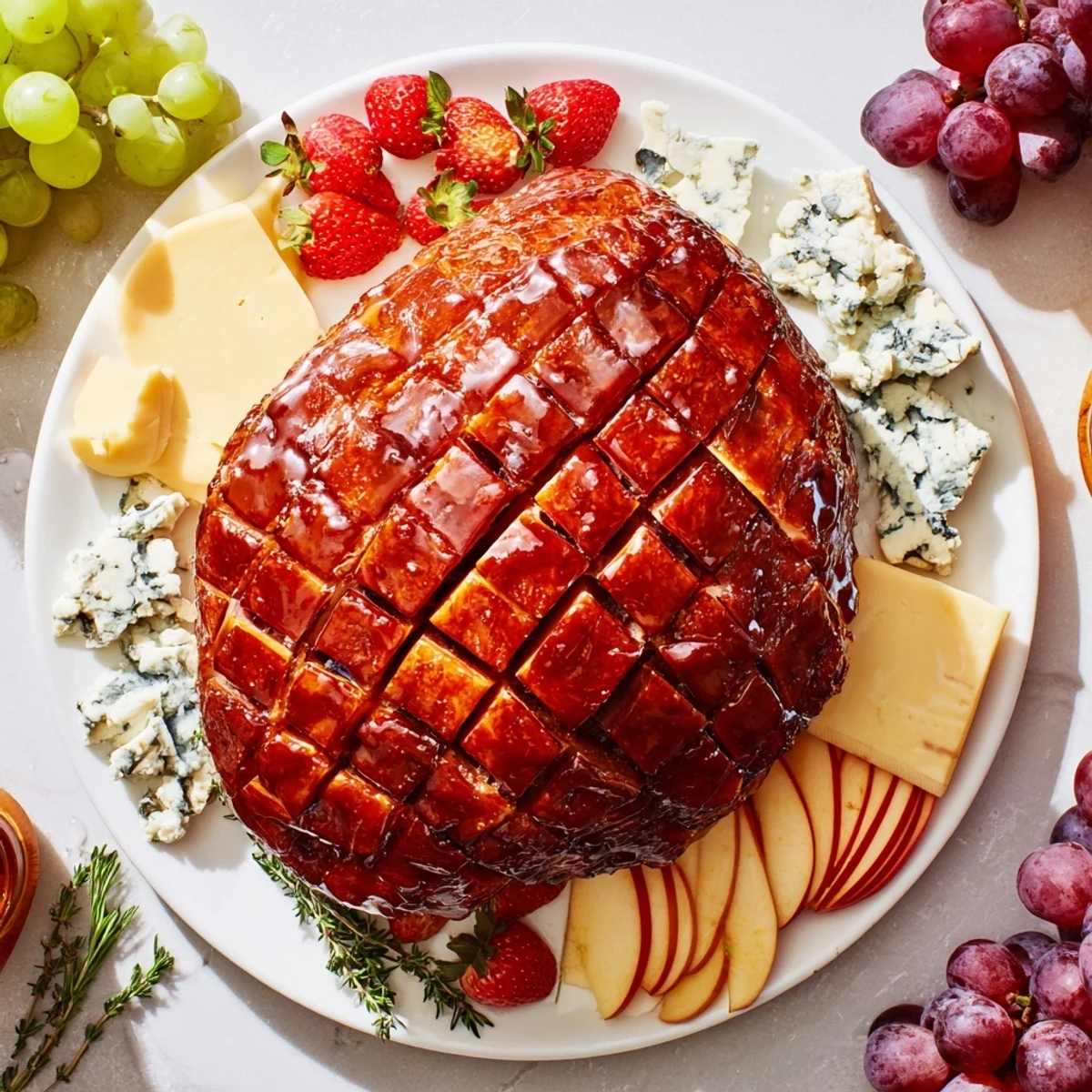 This beautifully arranged glazed ham centerpiece board showcases fresh fruit and artisan cheeses around a savory ham.