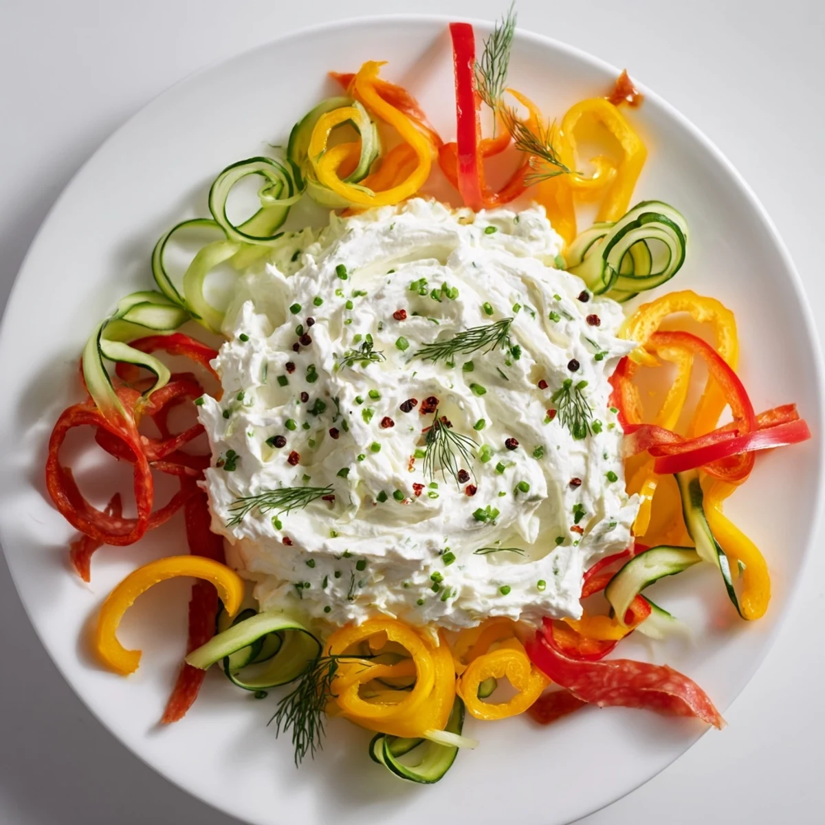 The Medusa Curls platter features spiraled meats and peppers radiating from a creamy dip center, delicious.