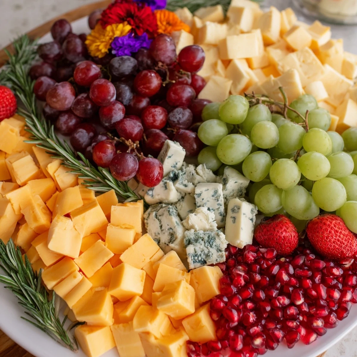 The Nutcracker Suite Board: A colorful, tiered cheese and charcuterie board overflowing with delicious treats.