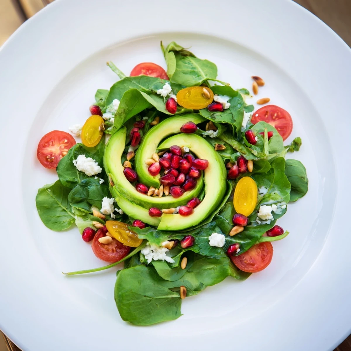 Elegant The Golden Ratio Salad arrangement, showcasing colorful vegetables and feta on a platter.