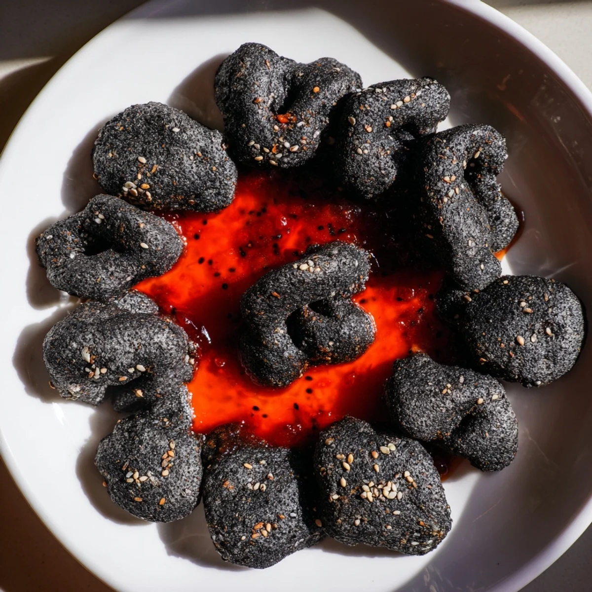 Fiery red jelly erupts from a crater of crispy black crackers in this festive Volcanic Flow recipe.