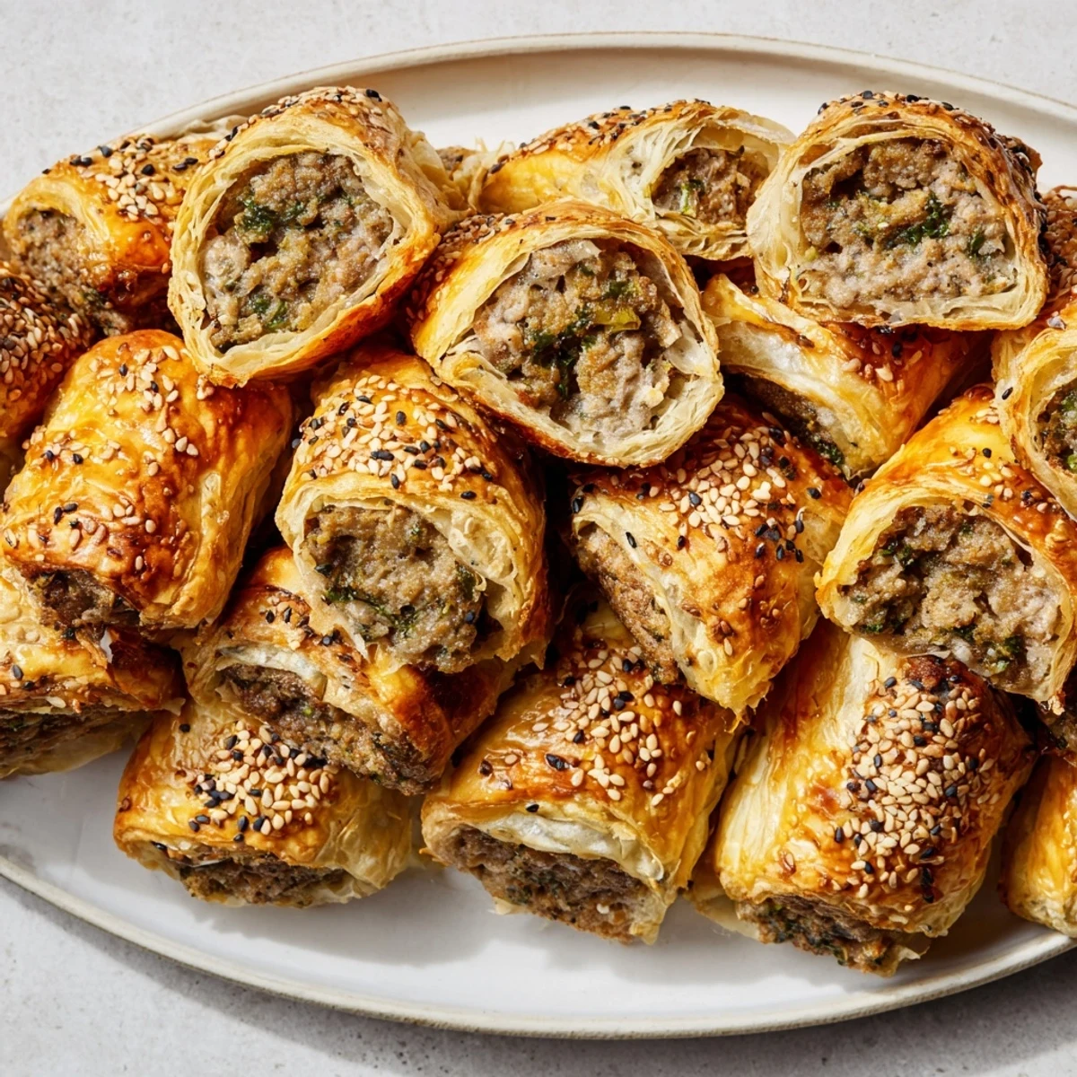 Freshly baked mini sausage rolls displayed in a delicious half-circle wreath, ready for sharing.