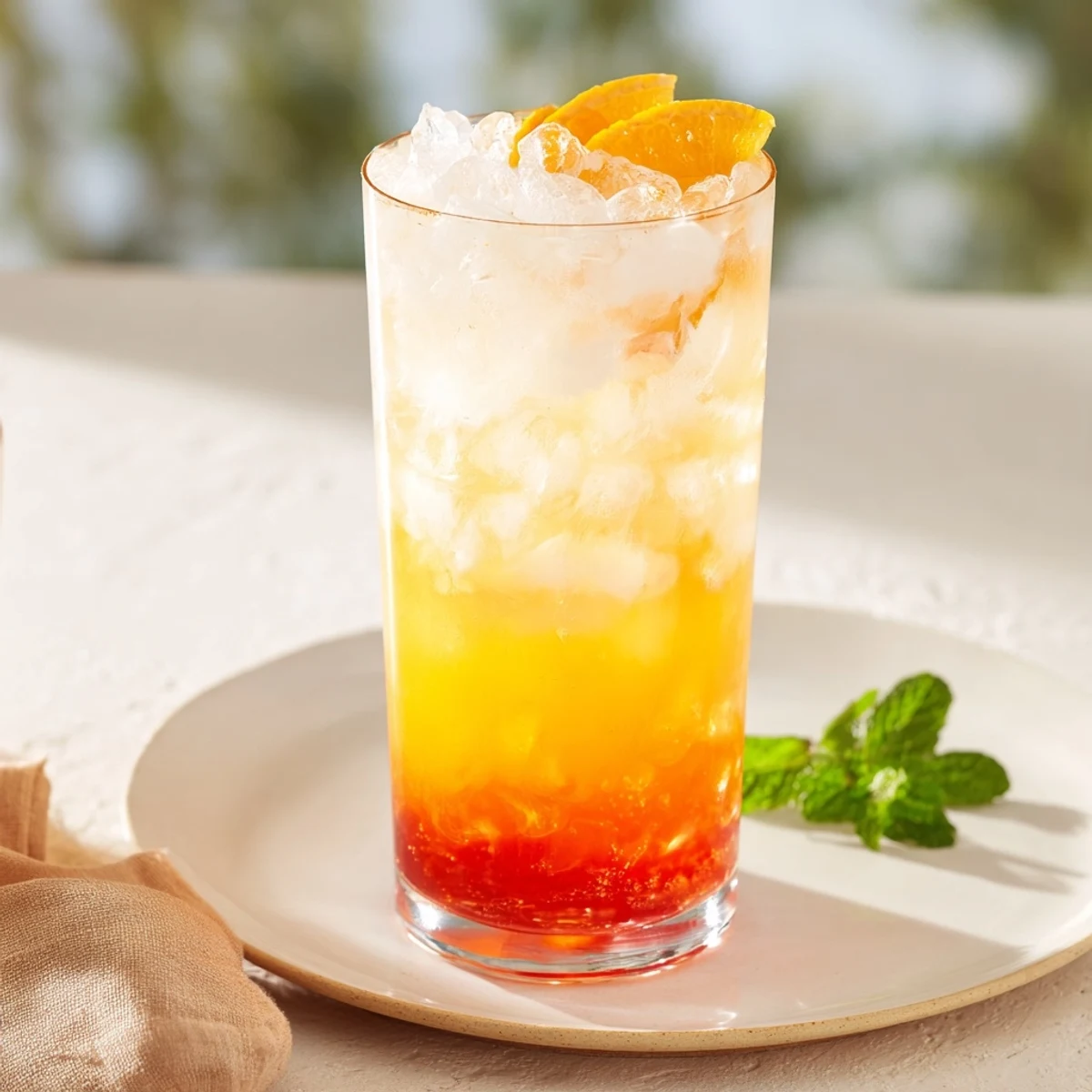 Layered Alpine Sunrise mocktail, a beautiful drink with orange and red sunrise hues.