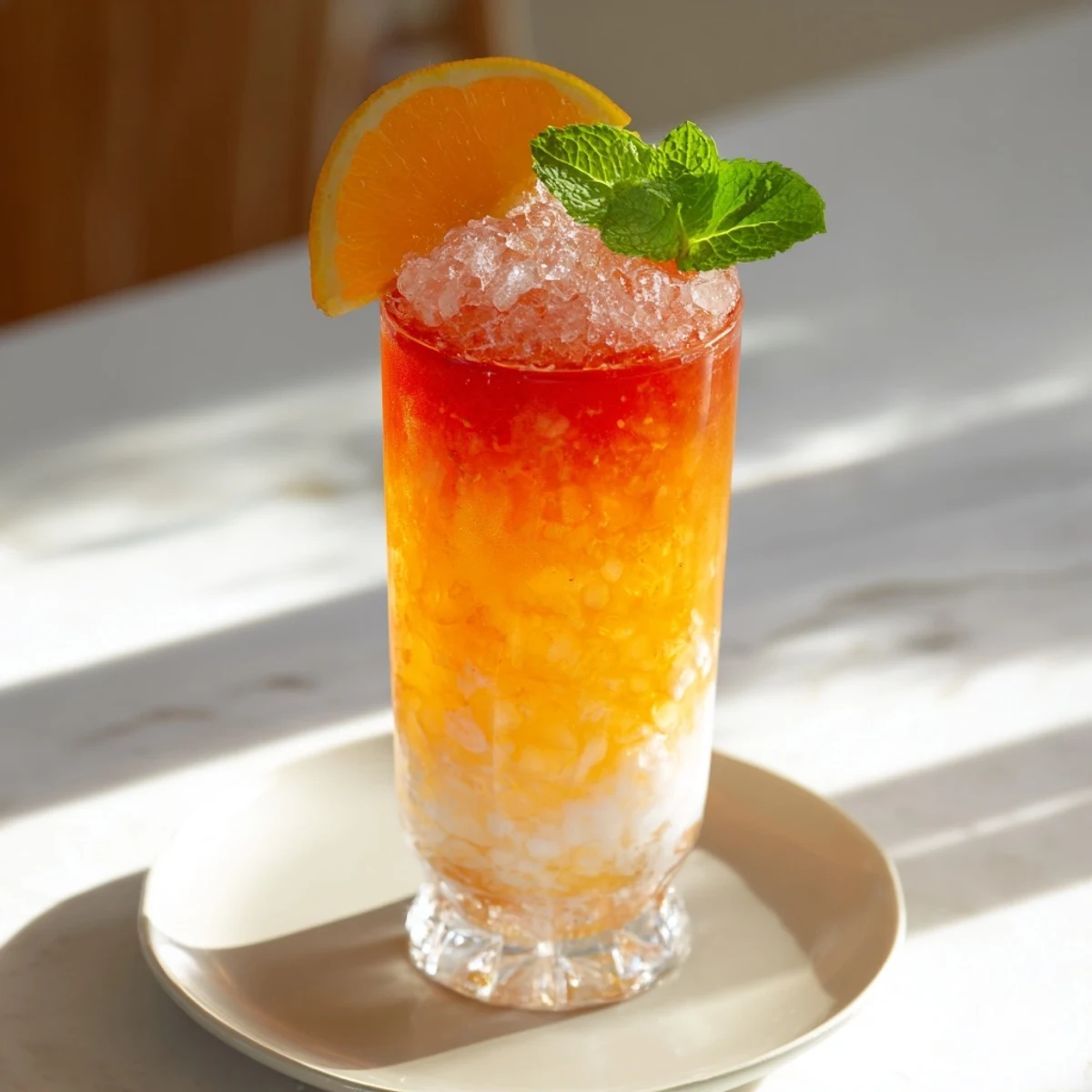An Alpine Sunrise mocktail layered drink: imagine the beautiful gradient of oranges and reds.