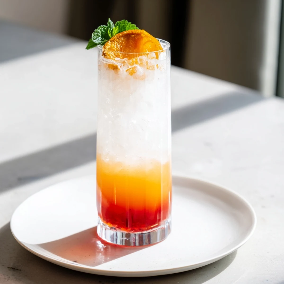 Refreshing Alpine Sunrise layered mocktail, featuring coconut and vibrant sunrise colors and flavors.