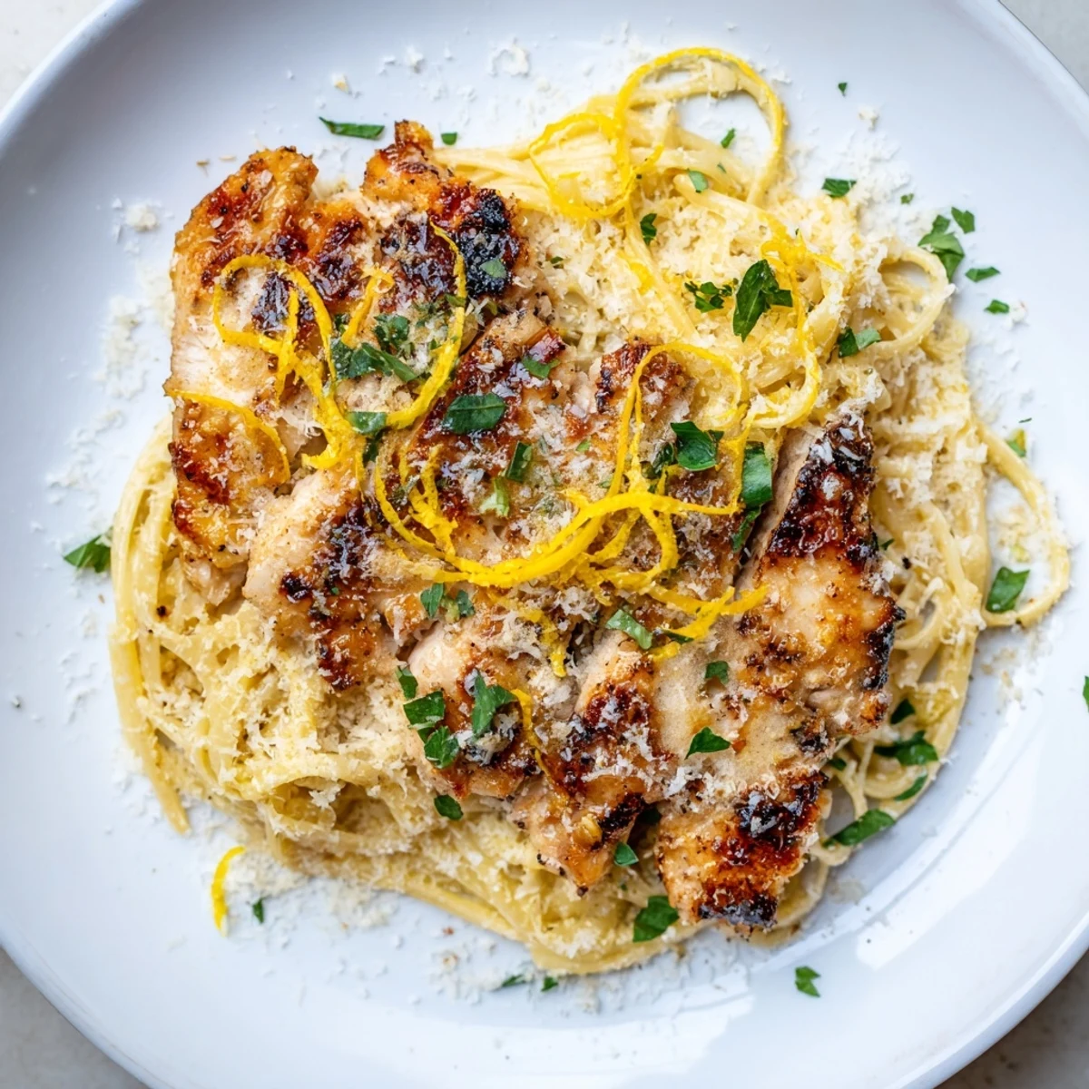Pasta with Lemon Brûlée Chicken, a creamy and bright dish with golden caramelized chicken.