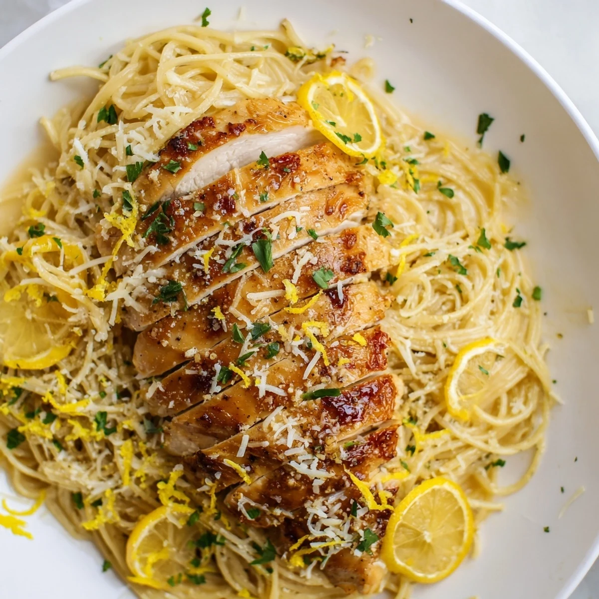 Vibrant plate of Pasta with Lemon Brûlée Chicken, showcasing tender chicken and fresh parsley.