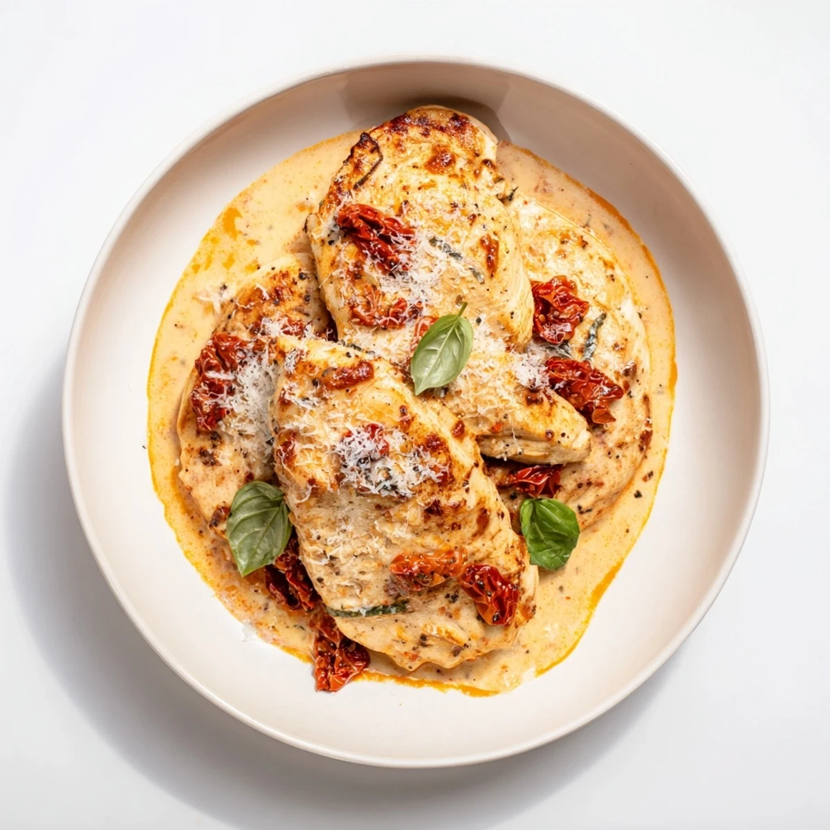Tender Marry Me Chicken breasts in a creamy tomato sauce, beautifully topped with Parmesan "snow" garnish.