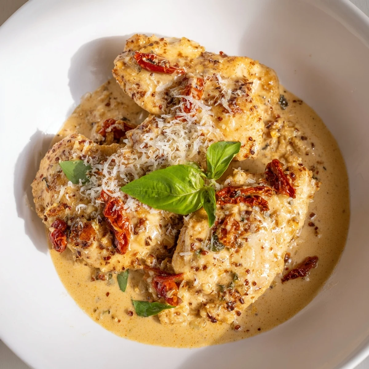 Rich, flavorful Marry Me Chicken, simmered in a sun-dried tomato sauce ready to serve with Parmesan snow.