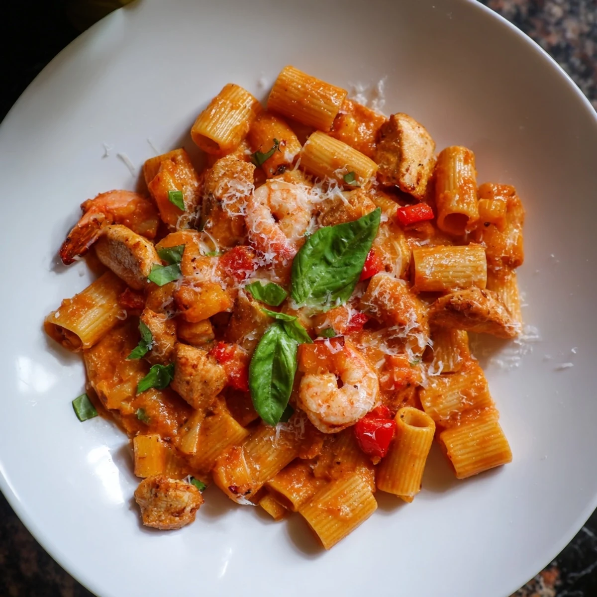 One-Pot Diavola Pasta with Shrimp, bubbling in a skillet, promises a flavorful Italian meal with chicken and shrimp.