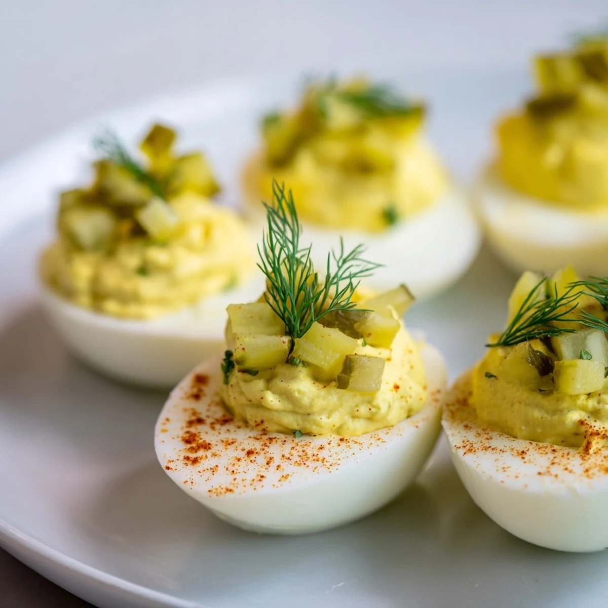 Tangy dill pickle deviled eggs, a visually appealing appetizer for any occasion, garnished with fresh dill.