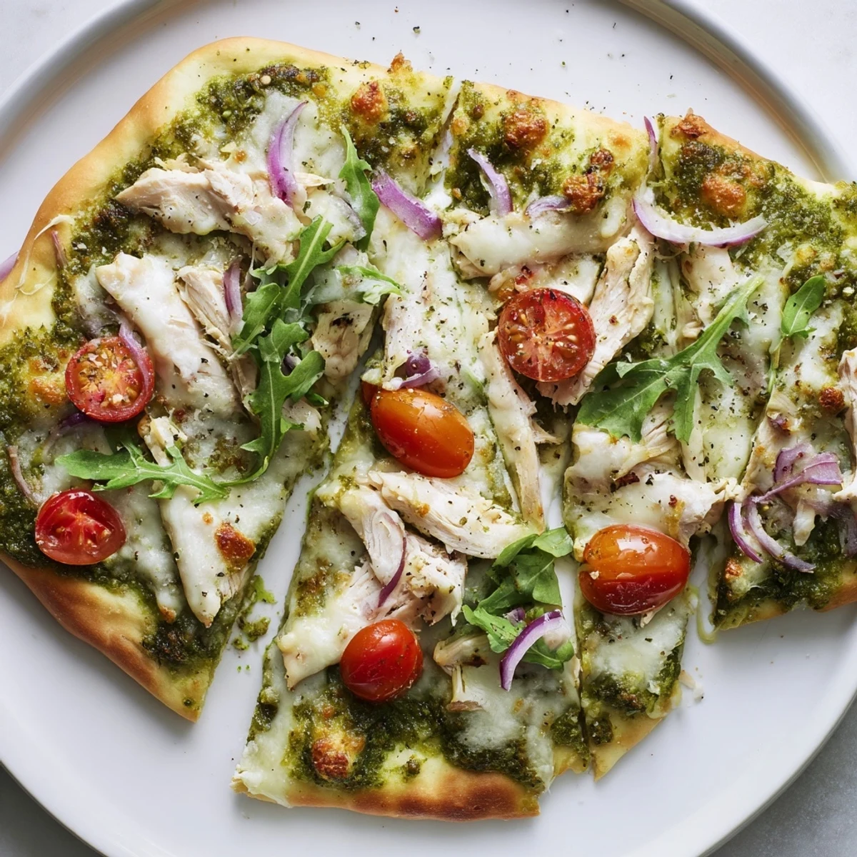 Freshly baked pesto chicken flatbread featuring tender chicken and aromatic basil pesto.