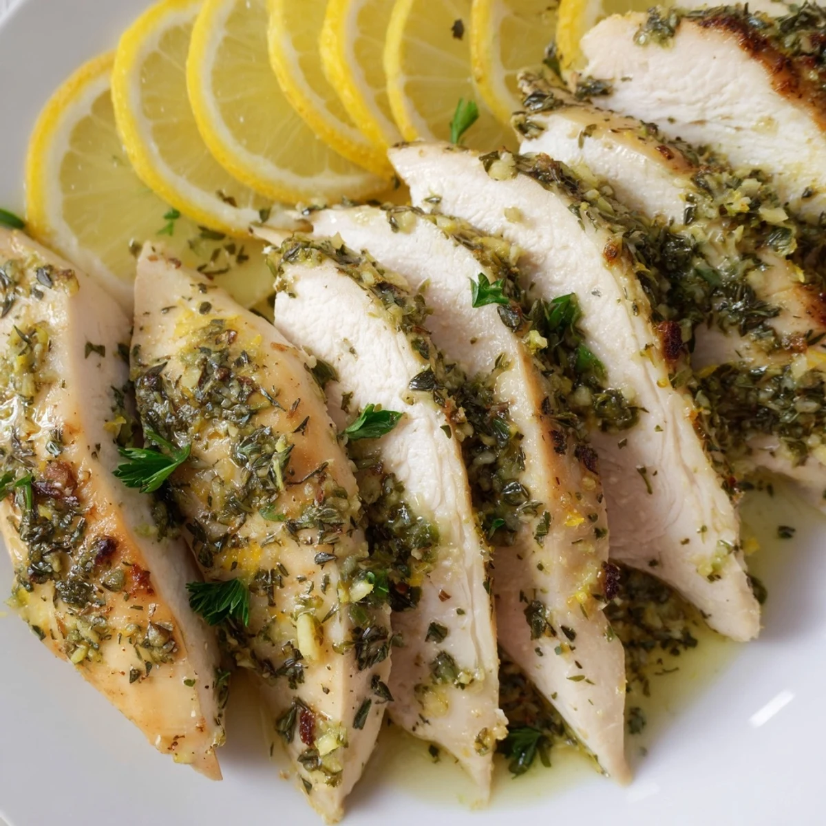 Golden, baked Greek Lemon Herb Chicken, full of vibrant flavor, served with fresh lemon wedges.