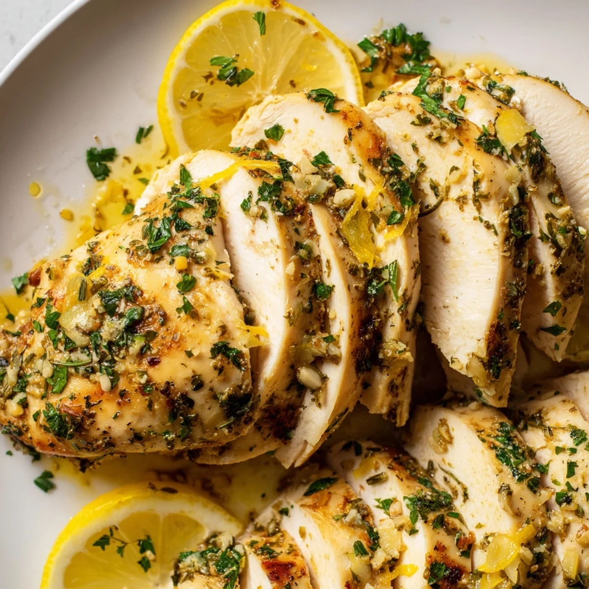 Enjoy a close-up of a flavorful Greek Lemon Herb Chicken dish, perfectly cooked with a crispy exterior.
