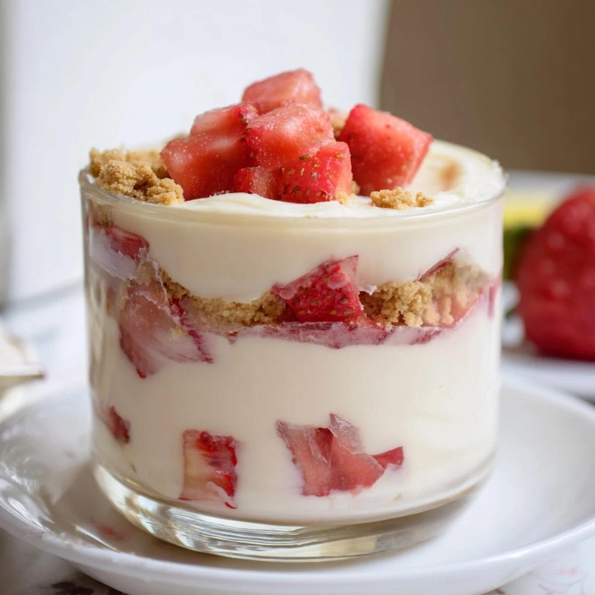 Creamy layered Strawberry Cheesecake Parfait with fresh strawberries, ready for a delicious dessert.