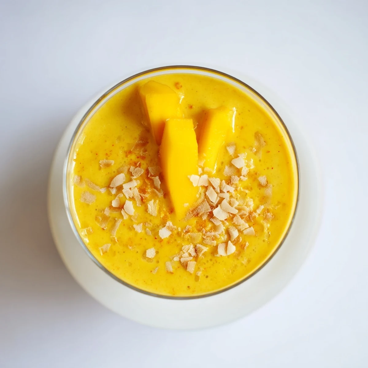 Creamy Mango Turmeric Smoothie, a vibrant yellow drink, garnished with fresh mango slices.