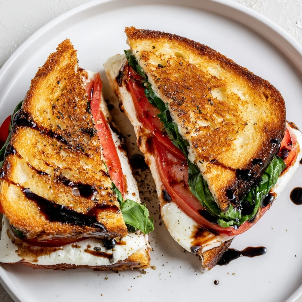 Close-up of a delightful Caprese Salad Grilled Cheese, oozing cheese; an easy, comforting Italian-American meal.
