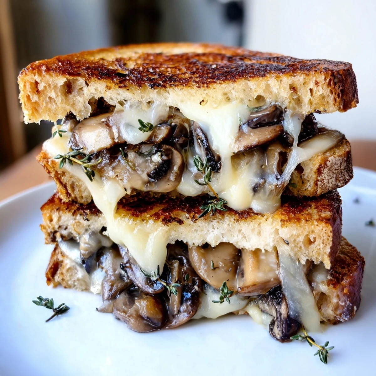 Slices of a Creamy Mushroom Grilled Cheese sandwich, showing melted cheese and savory mushrooms.