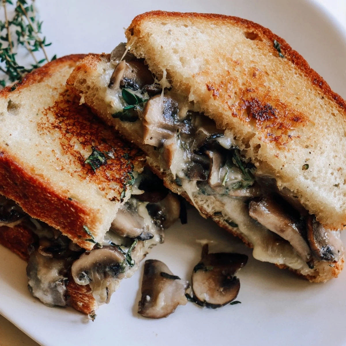 Crispy, golden-brown Creamy Mushroom Grilled Cheese, ready to be cut and served with a comforting warmth.