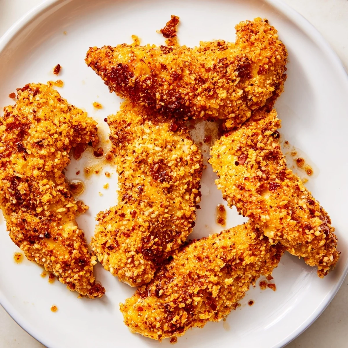 Golden-brown crispy panko chicken tenders, drizzled with fiery hot honey, ready to eat.