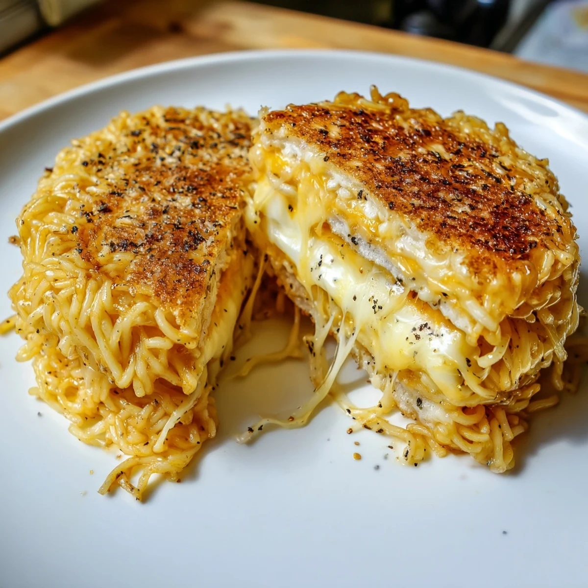 Golden-brown Ramen Grilled Cheese sandwich oozing with melted cheese, a fun and easy lunch idea.