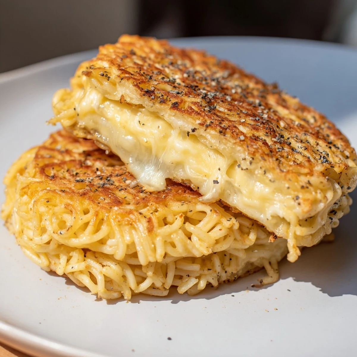 Close-up of a crispy Ramen Grilled Cheese, showing the delightful texture and cheesy filling.