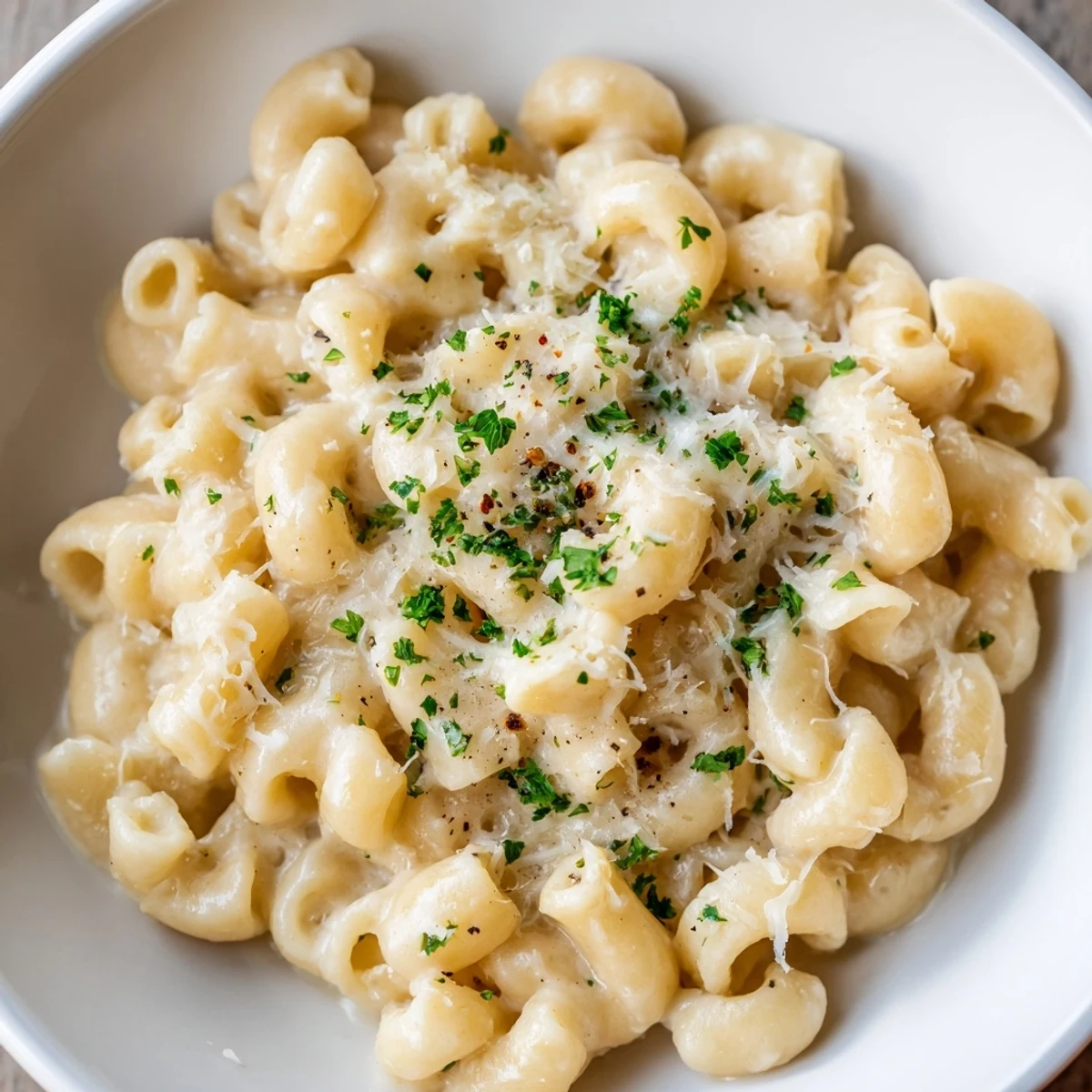 Creamy ditalini pasta glistening, with fresh parsley garnish, ready for a satisfying Italian-American dinner.