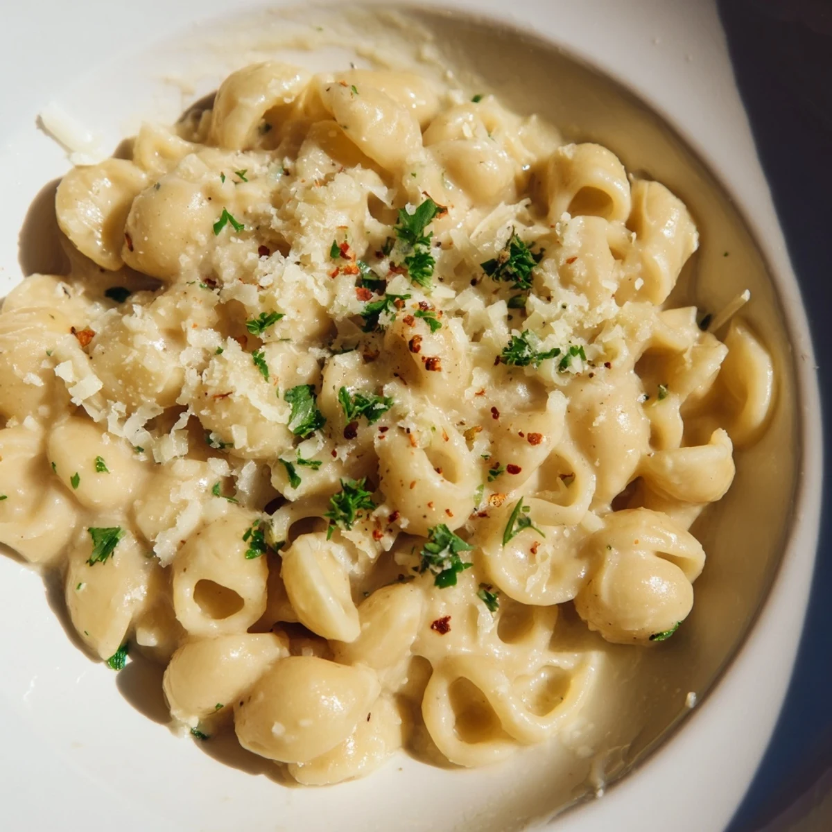 This vegetarian ditalini pasta dish invites you with its creamy texture and fragrant garlic aroma.