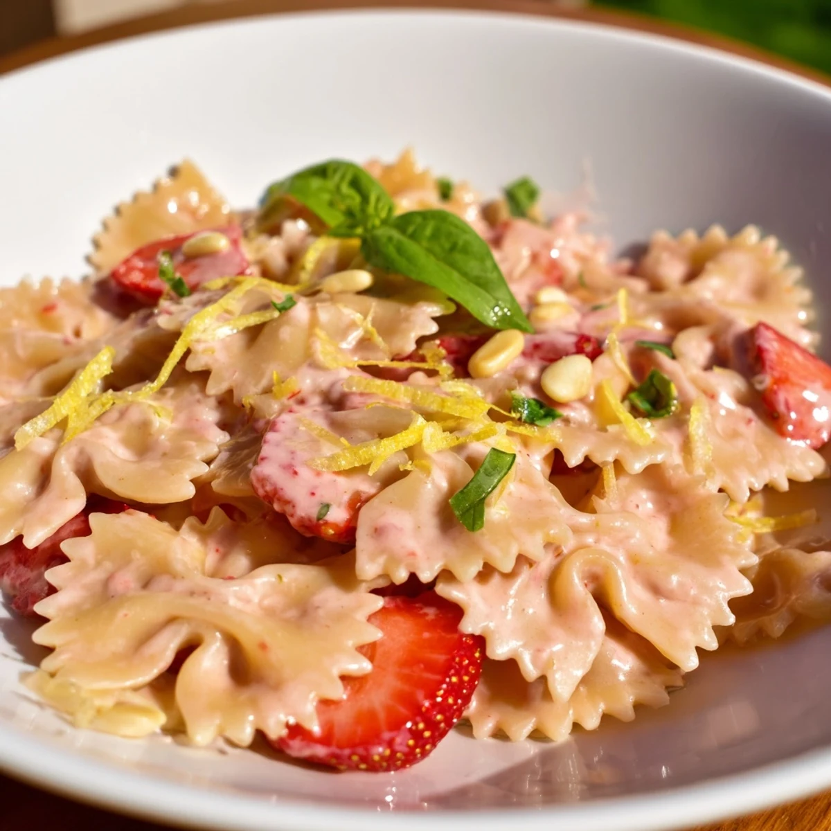 Creamy pink Strawberry Sour Cream Pasta ready to be enjoyed, a vibrant and flavorful main course.