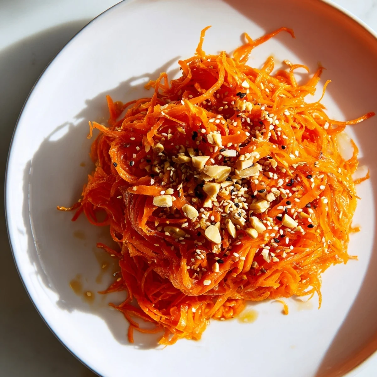 Fresh and vibrant Spicy Carrot Salad, featuring shredded carrots with a tangy dressing, ready to enjoy.