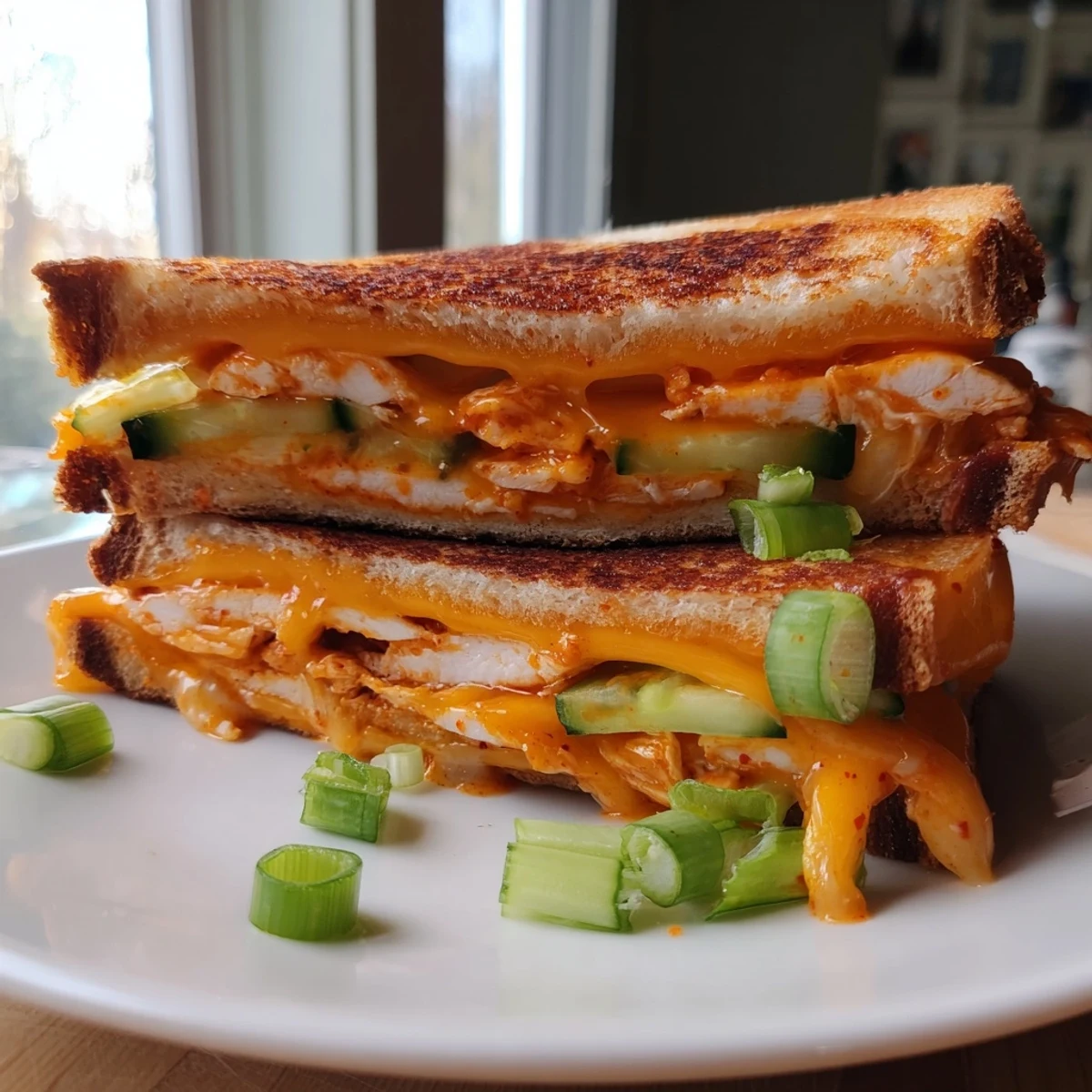 Melted cheese spills over a golden grilled Gochujang Mayo Chicken Sandwich, savory and delicious.