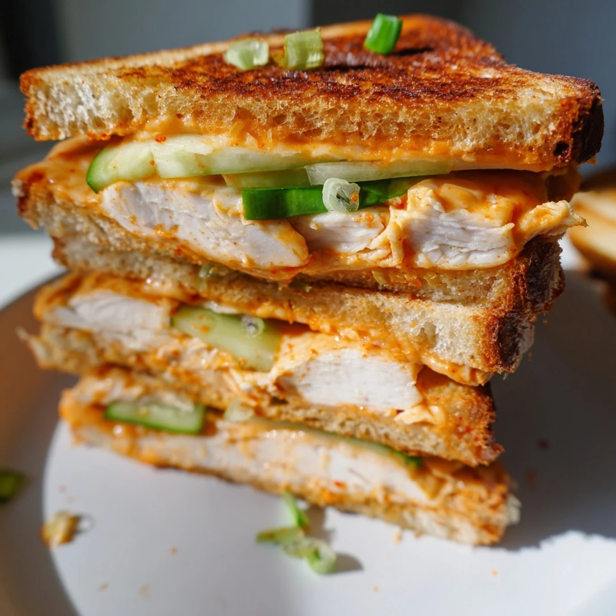 Crispy sourdough hugging a spicy Gochujang Mayo Chicken Sandwich, a flavorful Korean-inspired delight.