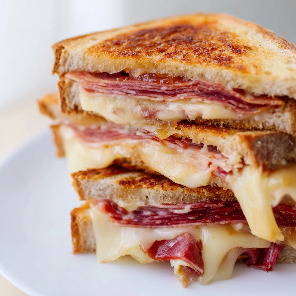 Golden, melty Charcuterie Grilled Cheese with layers of cheese and savory cured meats, ready to eat.